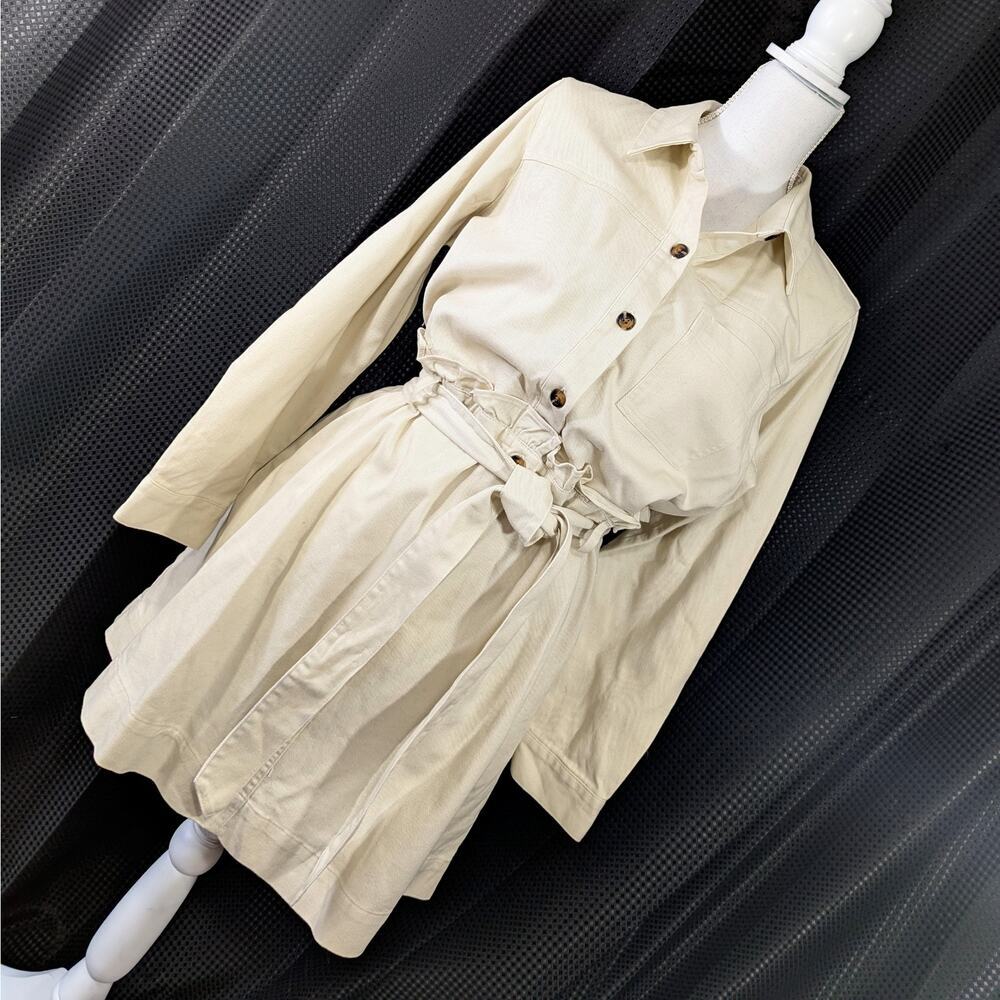 WHO WHAT WEAR! VANILLA CREAM DENIM TIE WAIST BELTED, RUFFLED DRESS, SHIFT! SZ L